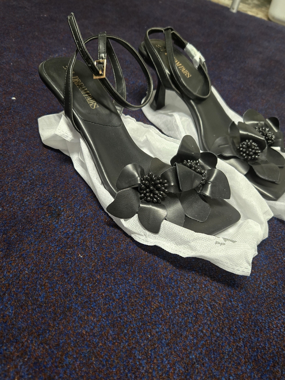 Black Floral Ankle-Strap Heels - Ladies